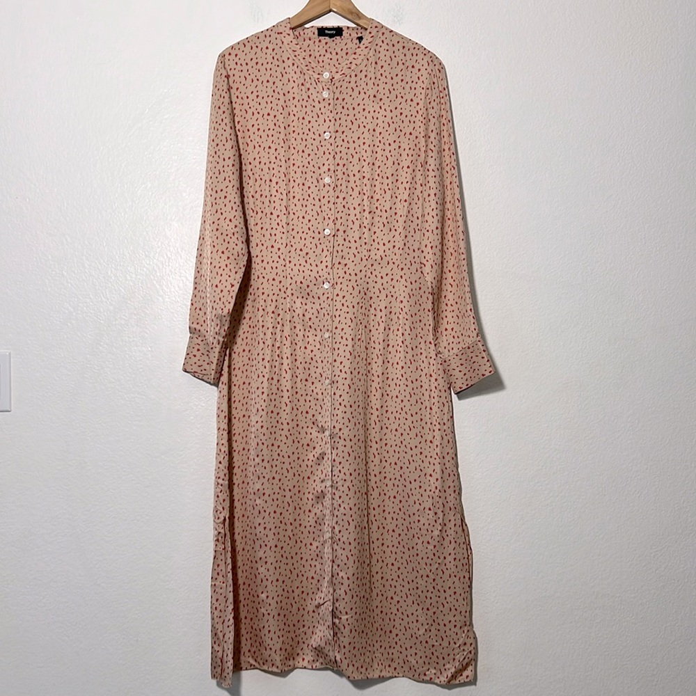 Theory Beige Midi Shirt Dress with Tiny Red Print